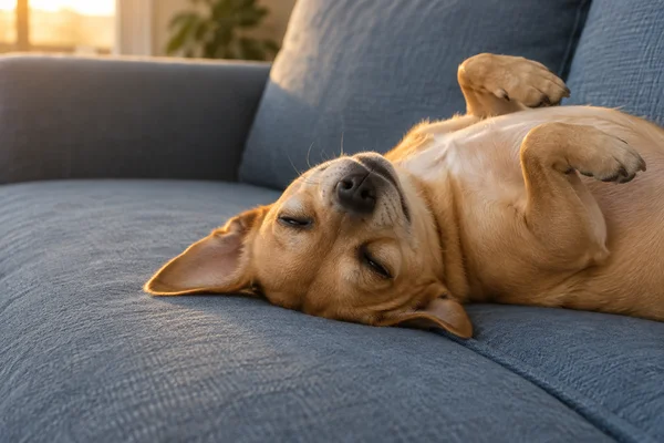 A tan, short-haired dog lies belly-up on a blue fabric sofa, its upside-down head resting on the seat and its bent paws raised near its chest.