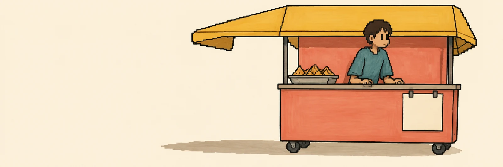 A coral street-food kiosk with caster wheels and a large mustard canopy stands on a cream background, with a short-haired vendor in a teal shirt leaning…