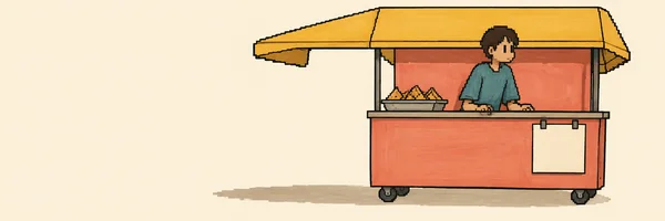 A coral street-food kiosk with caster wheels and a large mustard canopy stands on a cream background, with a short-haired vendor in a teal shirt leaning…