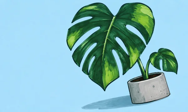 A large dark-green monstera leaf with split openings and a smaller leaf rises from a squat gray concrete planter against a pale blue background, with a long…