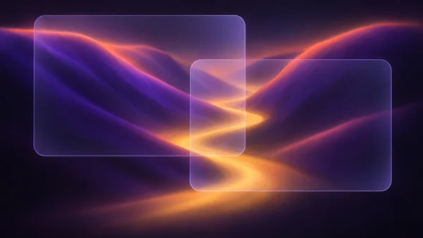 A soft-focus abstract valley of deep violet slopes and coral rims surrounds a winding luminous amber channel, with two overlapping translucent rounded…
