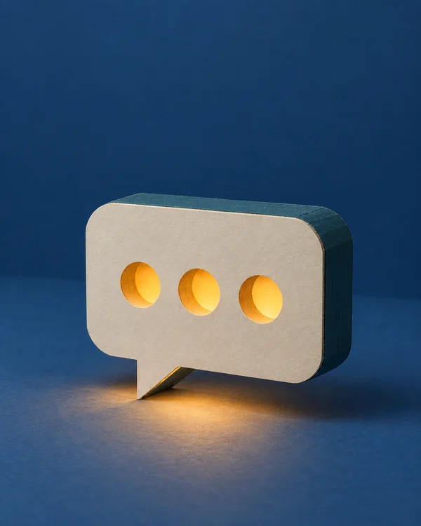 An ivory paper speech bubble with three glowing circular openings stands on a deep-blue floor against a matching backdrop, with warm light pooling beneath its…