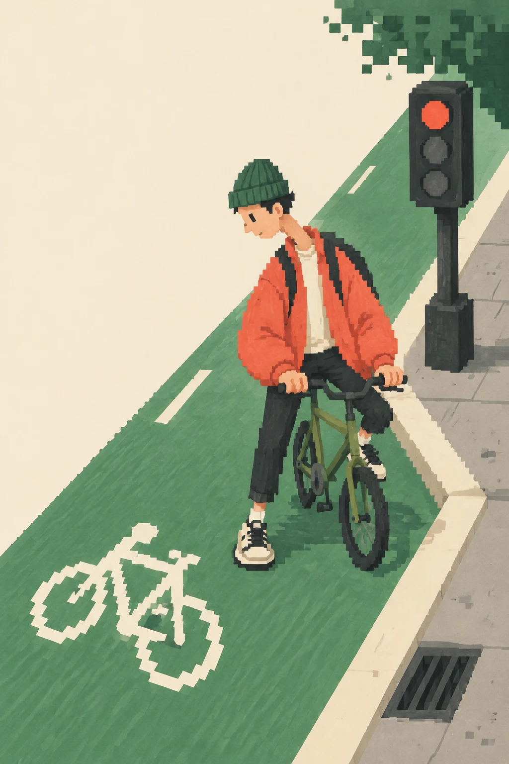 A pixel-textured illustration shows a cyclist in a coral jacket straddling a compact bicycle on a green cycle lane, looking down toward a white bicycle stencil.