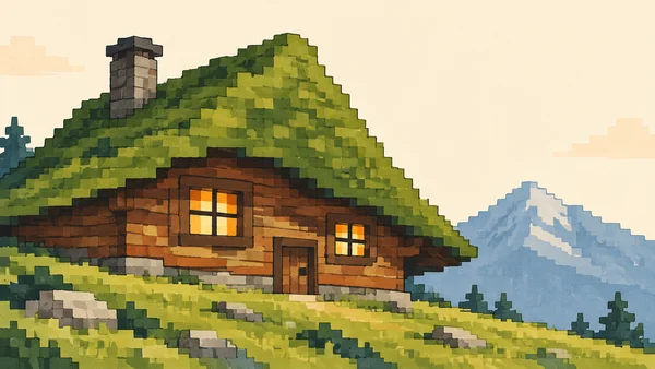 A broad timber mountain hut with a huge stepped moss-green roof and short stone chimney sits on a pale alpine slope.
