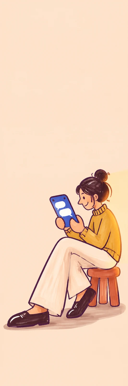 A smiling person in a mustard sweater and pale trousers sits on a small terracotta stool, looking at a blue phone with two white message bubbles.