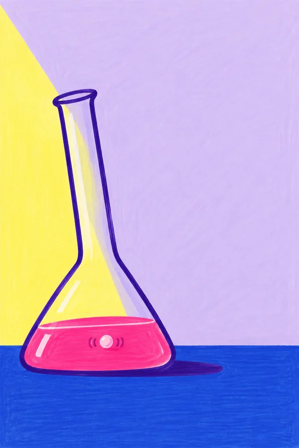 A broad-bodied Erlenmeyer flask with a tall narrow neck sits on a cobalt-blue ledge.