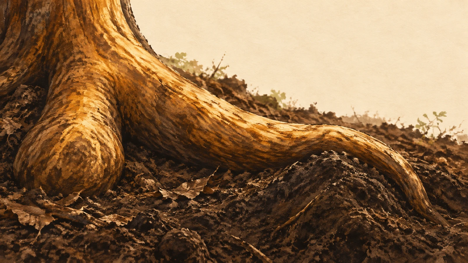 A thick amber tree root fills the foreground, with a rounded lobe at left and a long curved section sweeping right over dark brown soil; pale warm paper and a…
