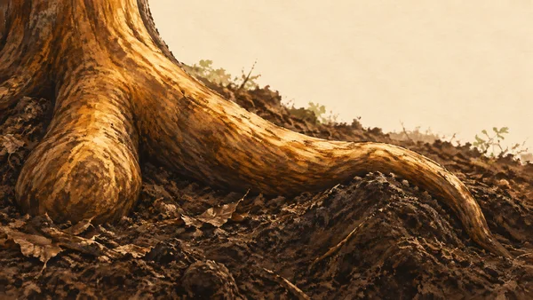 A thick amber tree root fills the foreground, with a rounded lobe at left and a long curved section sweeping right over dark brown soil; pale warm paper and a…