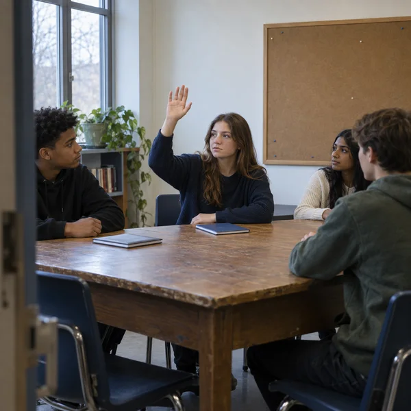 Four students sit around a worn wooden table in a classroom; a student near the centre raises an open hand while the others look toward her.