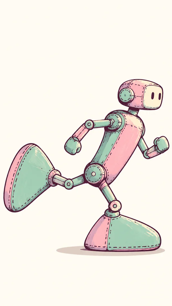 A pink-and-mint stitched-looking robot bounds to the right against an ivory background, with one oversized paddle foot planted on a soft oval shadow and the…