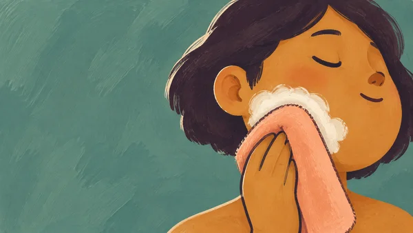 A close-up editorial illustration of a dark-haired person pressing a peach washcloth with a mitten-shaped hand to a broad cheek; a patch of ivory foam sits…