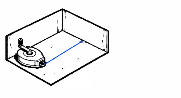 A black-outlined isometric cutaway room sits left of center on a white background, with a squat oval reel and crank at the near-left corner and a thin blue…