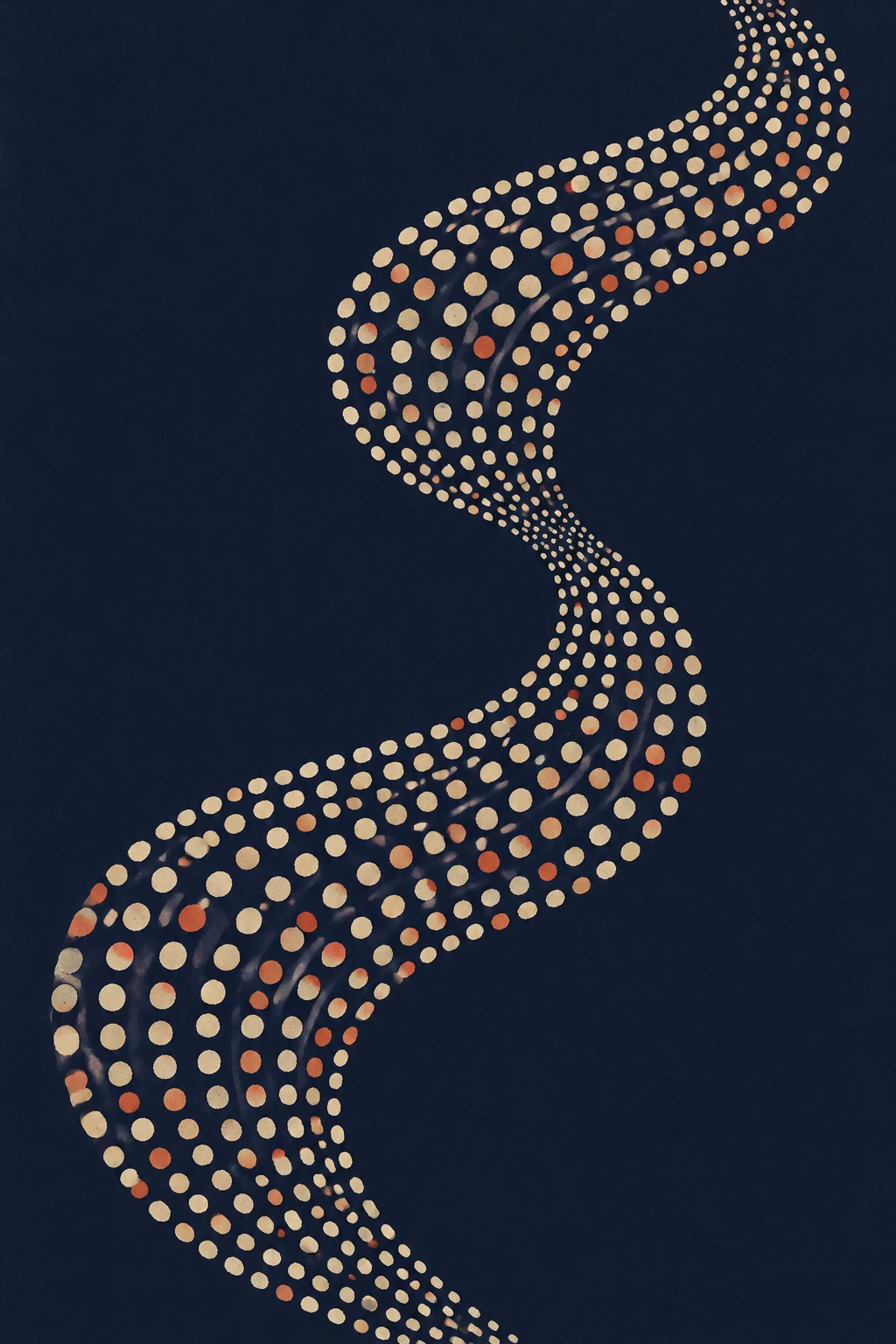 A sweeping S-shaped ribbon of cream and muted coral dots curves across a deep indigo background, narrowing at the center and widening into two rounded sections.