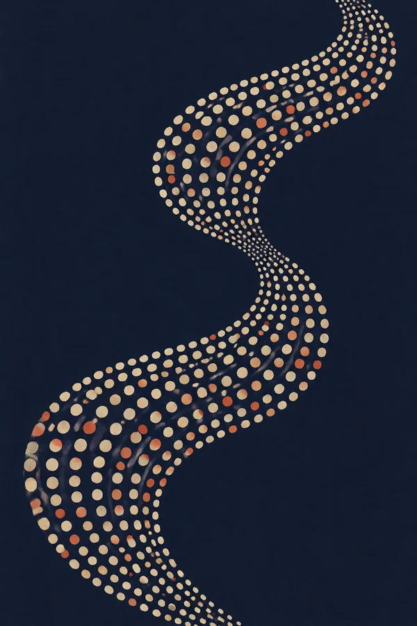 A sweeping S-shaped ribbon of cream and muted coral dots curves across a deep indigo background, narrowing at the center and widening into two rounded sections.