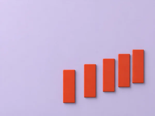 Five raised vermilion rectangles form a rising diagonal across the lower-right of a pale lavender field, with broad negative space above and to the left.
