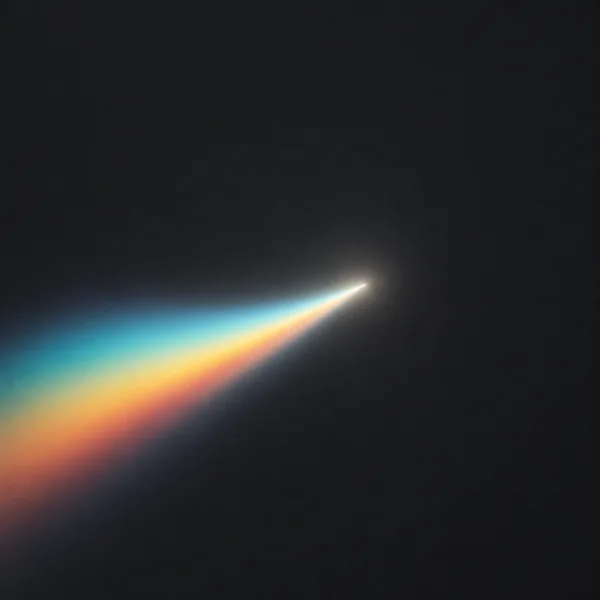 A softly glowing cyan, amber and coral spectral fan sweeps diagonally across a deep-charcoal square, narrowing to a bright white tip just right of centre.