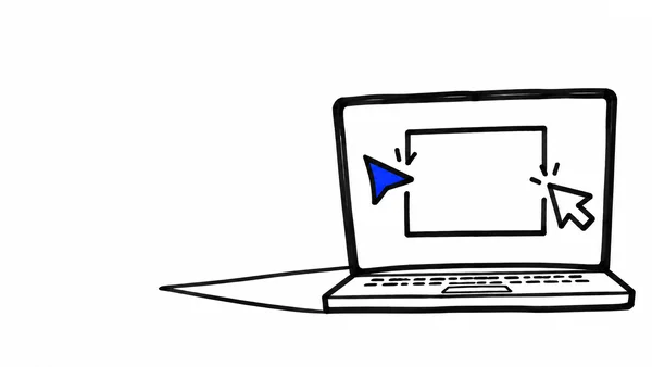 A hand-drawn black outline illustration of an open laptop on white, with a blank rectangular card on its screen and two oversized cursor arrows, one with a…