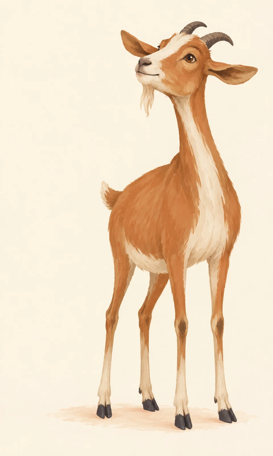 A terracotta-and-cream goat stands on four long legs against a warm ivory background, its neck stretched upward and muzzle tilted toward the upper left.