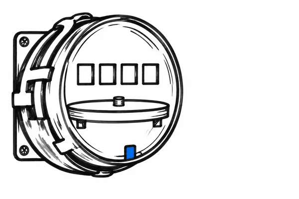 A hand-drawn analogue electricity meter with a large round housing, four empty rectangular counter slots, a horizontal disc, and a blue tab near the lower rim…