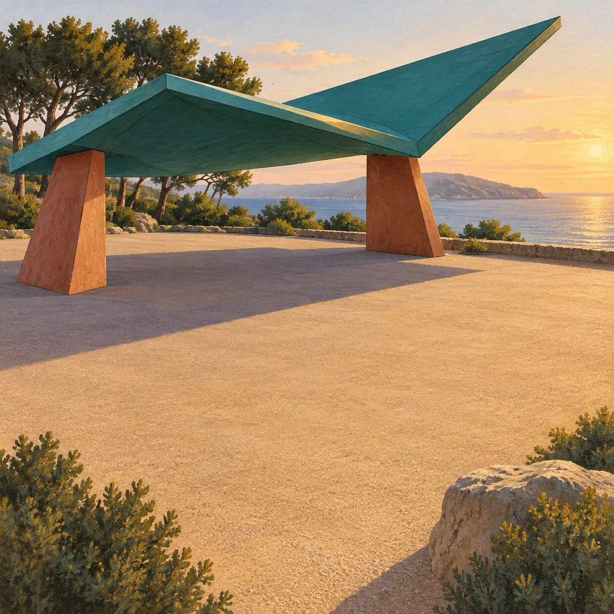 A broad angular teal canopy on two terracotta supports shades a sandy coastal plaza, with trees, shrubs, a large rock, and the sea visible in warm…