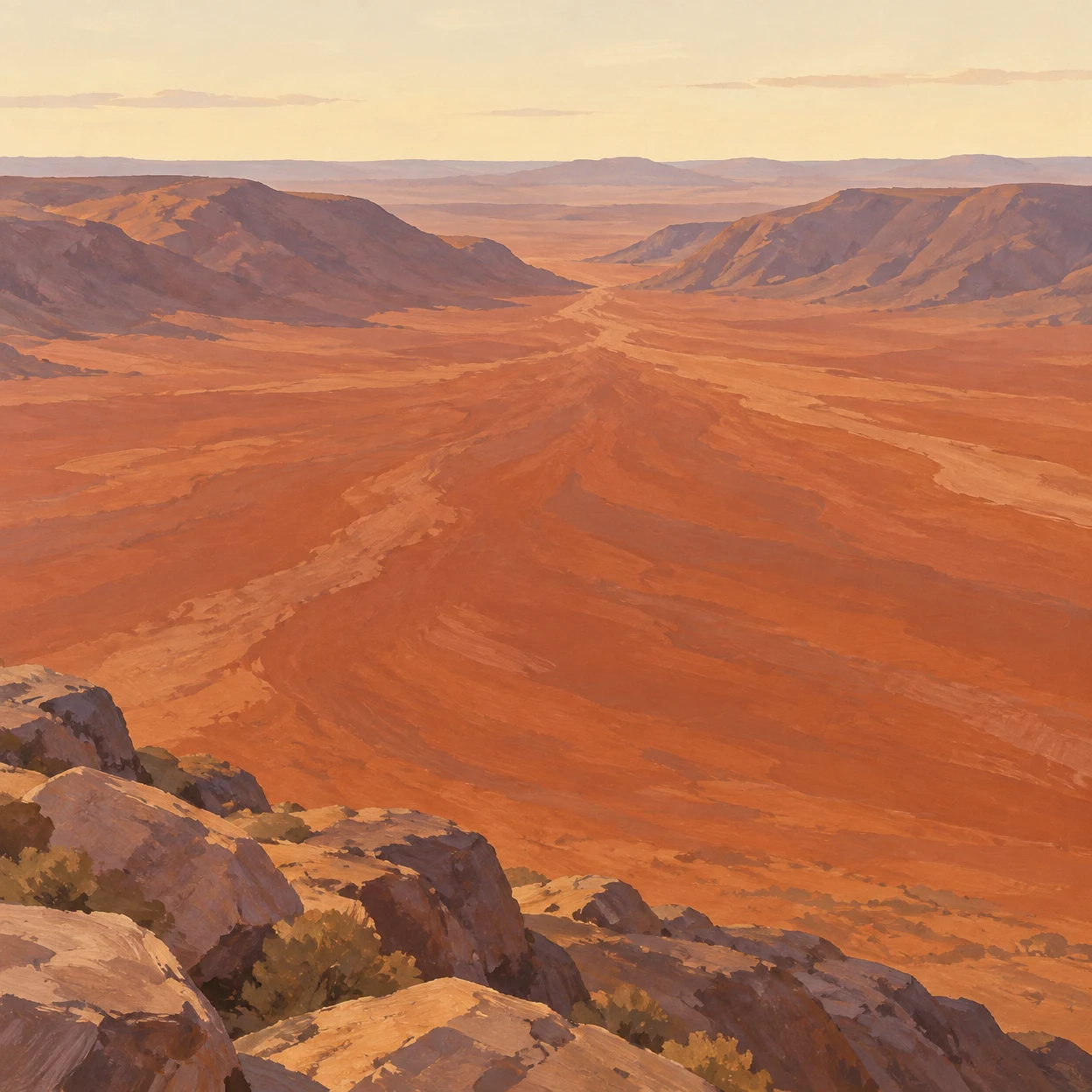 A broad rust-coloured valley floor fans out from a distant notch between mauve ridges, with layered landforms beneath a pale cream sky and rocky outcrops in…
