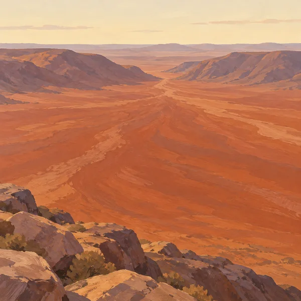A broad rust-coloured valley floor fans out from a distant notch between mauve ridges, with layered landforms beneath a pale cream sky and rocky outcrops in…