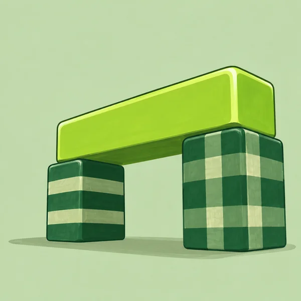 A bright lime rectangular block spans two dark-green cuboid supports to form an arch, with broad stripes on the left support and large checks on the right…