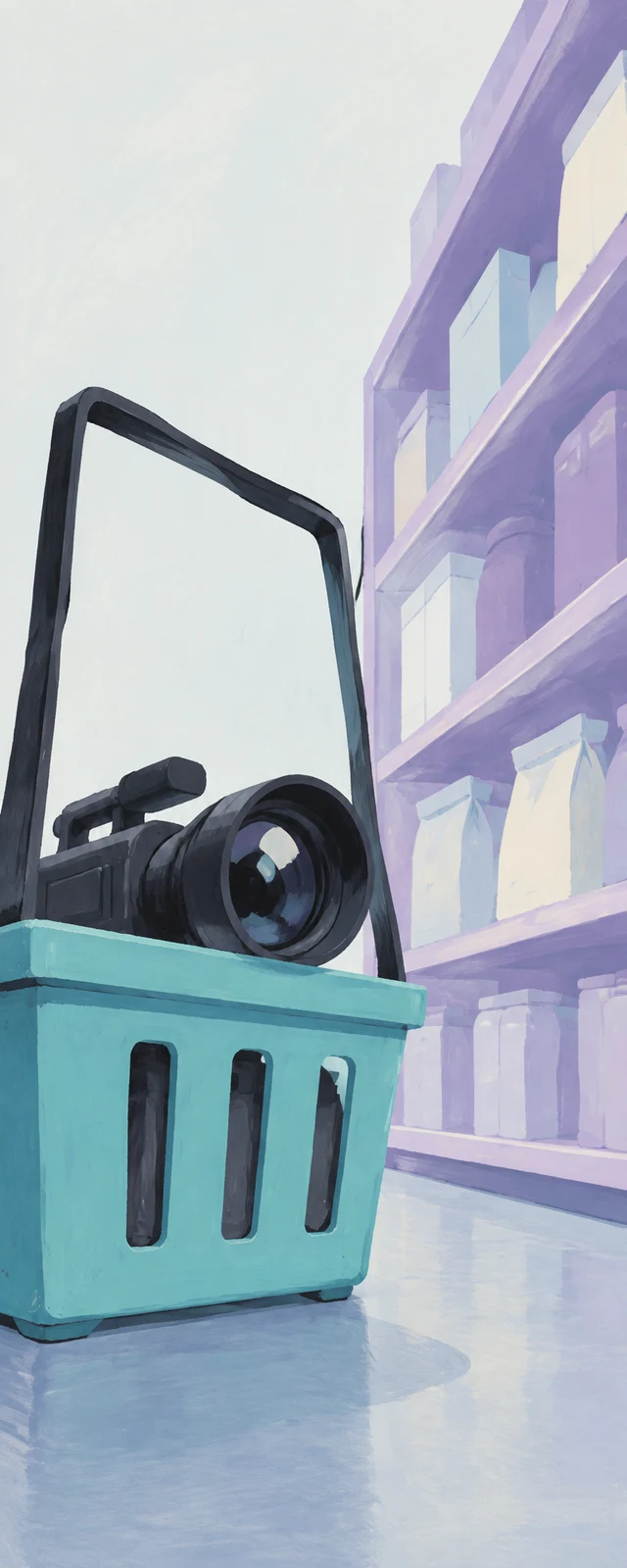 A charcoal camcorder with an oversized round lens sits inside a pastel-cyan shopping basket in the foreground, beneath a tall dark handle.