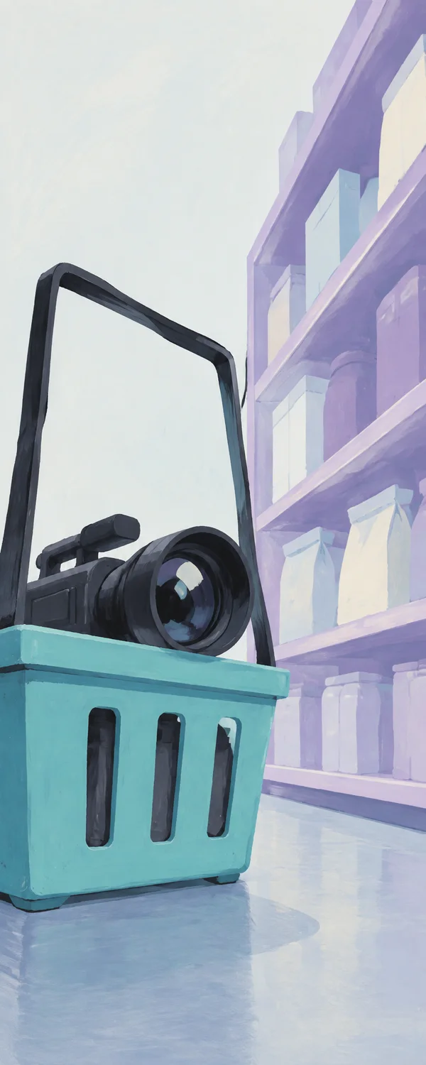 A charcoal camcorder with an oversized round lens sits inside a pastel-cyan shopping basket in the foreground, beneath a tall dark handle.