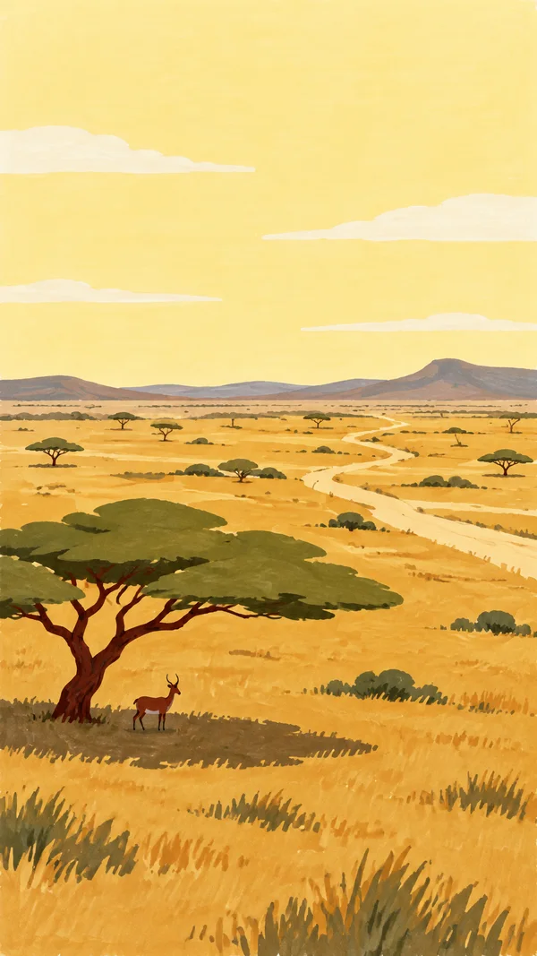 A warm-toned illustrated savanna with an expansive ochre grassland, a pale winding track, distant low hills, scattered acacia trees, and a small antelope…