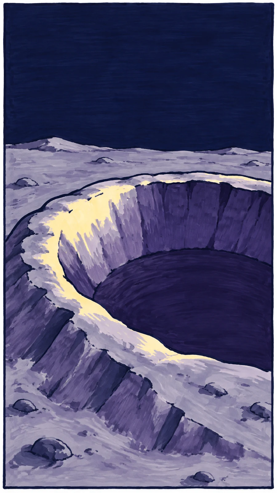 A hand-drawn marker illustration shows a large, deep violet lunar crater with a thick uneven rim and a pale yellow highlight across its inner edge.