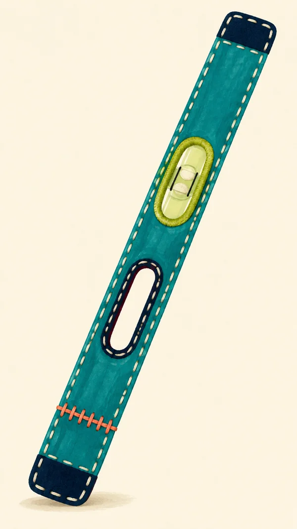A long teal spirit level runs diagonally across a warm ivory background, with navy end caps, a lime-framed vial window, an elongated handle opening, and a…