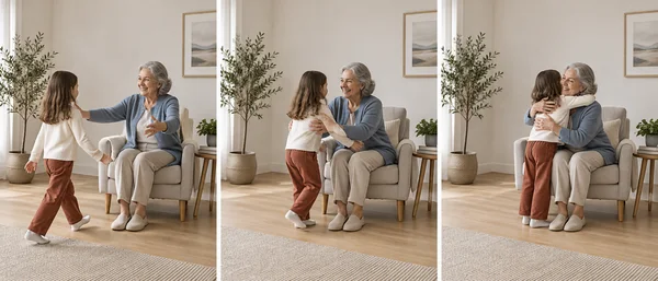 A school-age child in an ivory top and rust trousers approaches a seated older woman in a blue cardigan and oatmeal trousers, then leans in and embraces her…