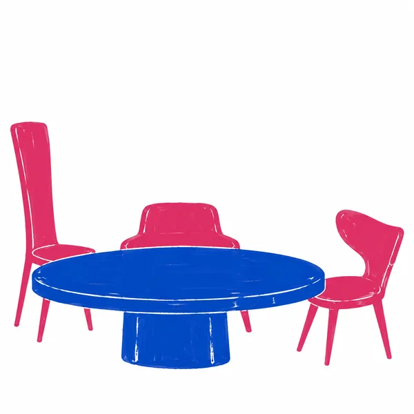 A large cobalt-blue oval tabletop on a broad pedestal sits among three raspberry-pink chairs: a tall-backed chair on the left, a squat chair behind the table…