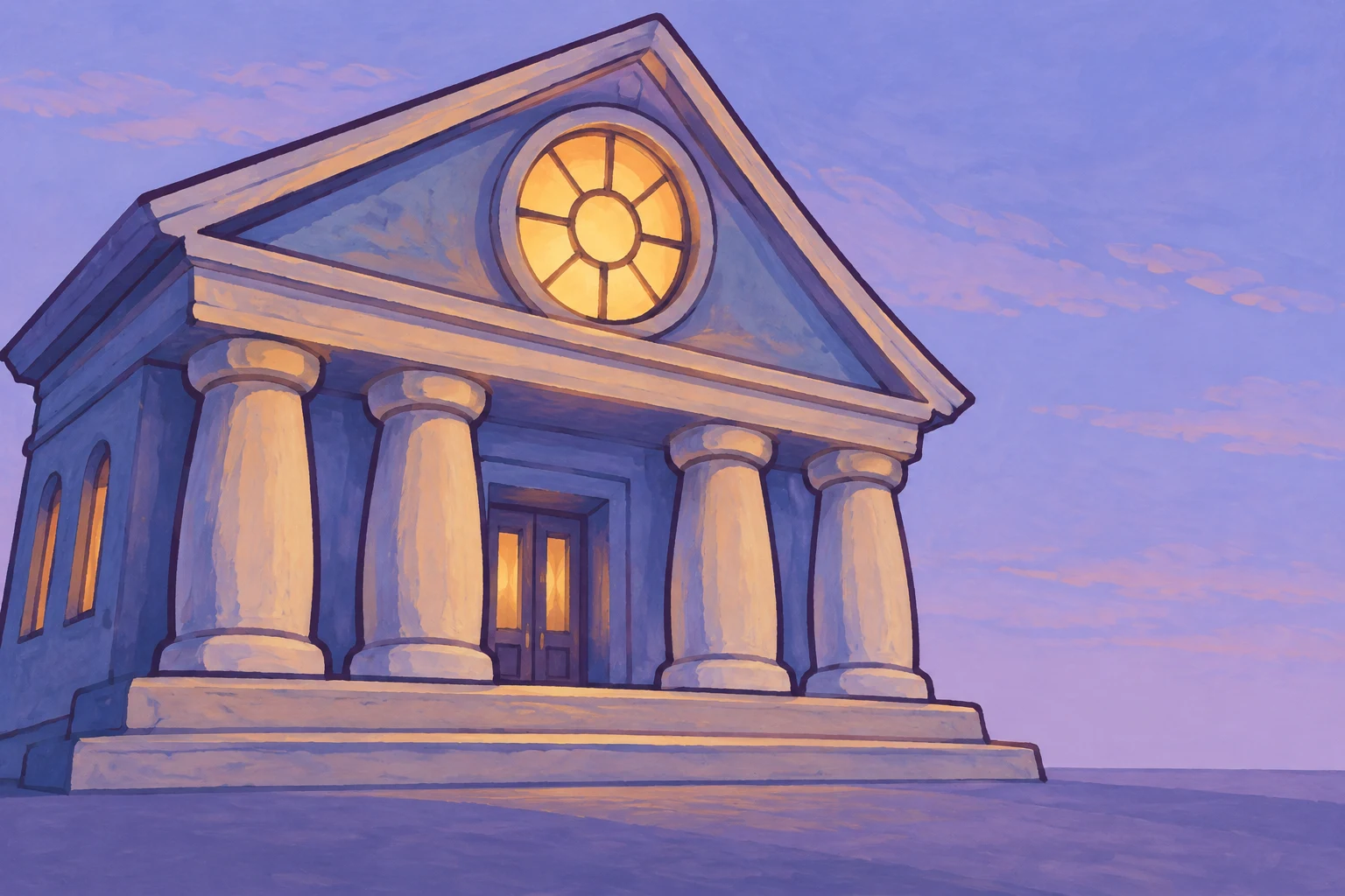 A blue-violet classical museum with four peach-toned columns, a recessed entrance, and broad front steps, viewed from low at dusk.