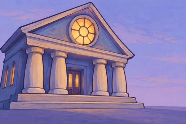 A blue-violet classical museum with four peach-toned columns, a recessed entrance, and broad front steps, viewed from low at dusk.