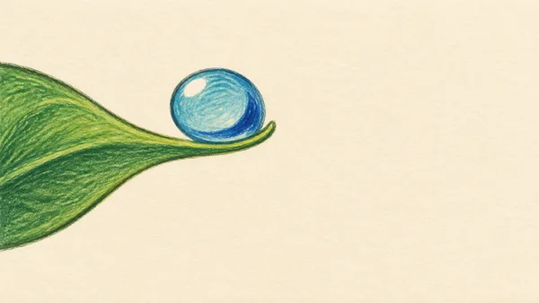 A large green leaf enters from the left and narrows into an upward-curled tip supporting an oversized blue droplet, illustrated in textured pencil on warm…