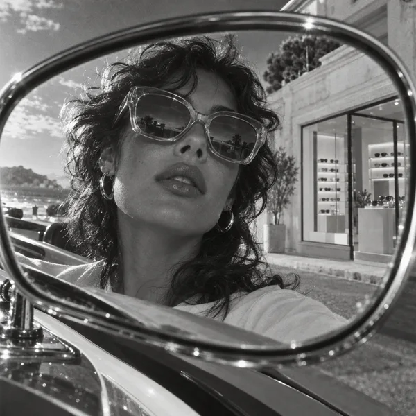 A close-up of a woman wearing oversized translucent sunglasses and hoop earrings, reflected in a curved chrome car side mirror, with a sunglasses boutique…