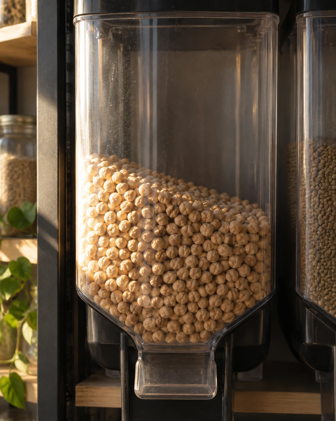 A clear bulk-food hopper filled with beige chickpeas sits on dark shelving, with a bright band of sunlight falling across the beans; parts of other containers…