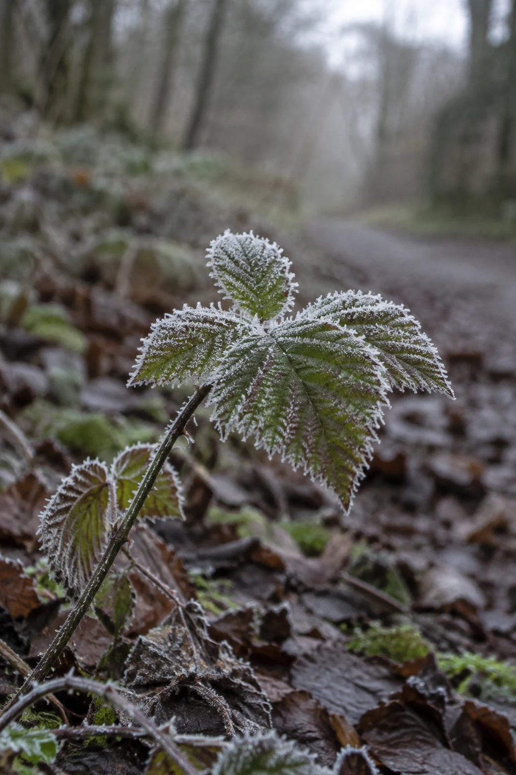 A green, serrated leaf with white frost stands on a dark stem above damp woodland leaf litter, with a softly blurred path and trees behind it.