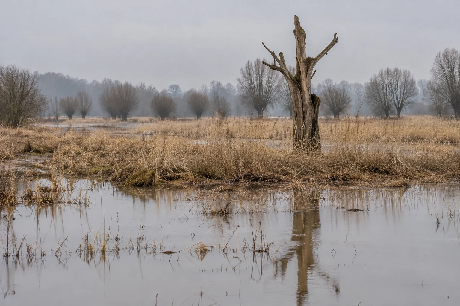 A weathered dead tree stands among pale, silt-coated reeds on a flooded river plain, reflected in still water, with pollarded willows fading into mist beneath…