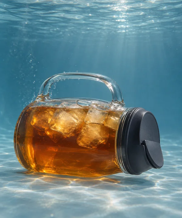 A squat glass pitcher filled with amber iced tea and ice cubes lies on its side on a pale blue underwater floor, with its clear handle arching upward and a…