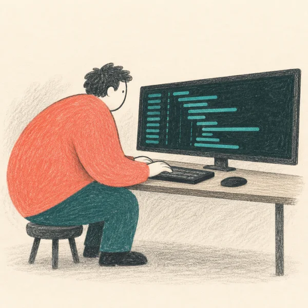 A dark-haired person in a coral top sits on a small stool at a narrow desk, leaning toward a wide monitor with teal lines on its screen and hands near a…