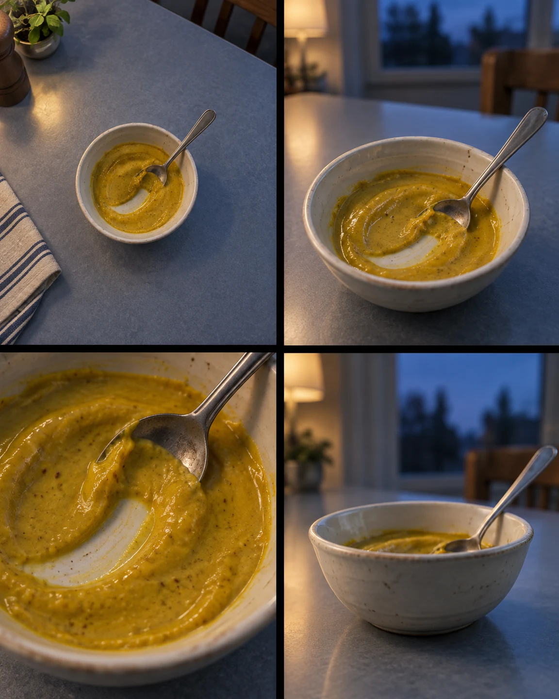 A four-panel photographic contact sheet shows an ivory ceramic bowl of golden mustard with a teaspoon and curved scrape, photographed from overhead, oblique…