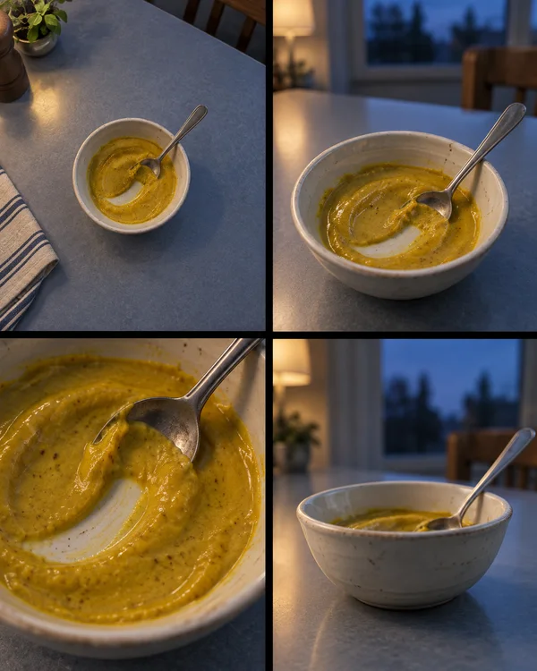 A four-panel photographic contact sheet shows an ivory ceramic bowl of golden mustard with a teaspoon and curved scrape, photographed from overhead, oblique…