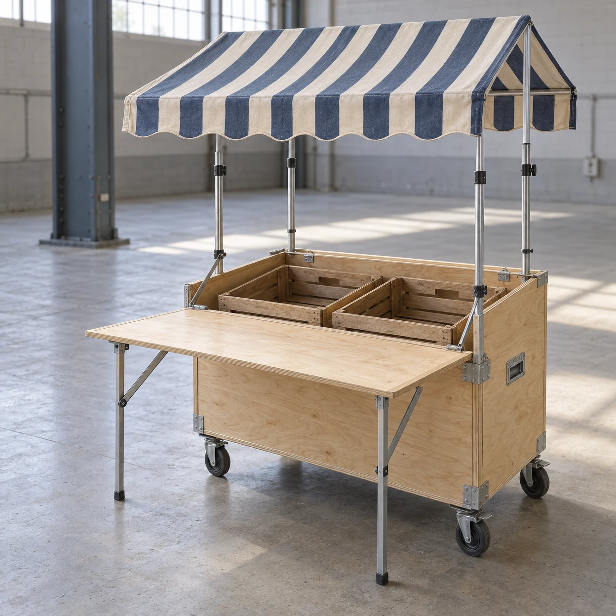 A wheeled plywood market stall with an open sales counter supported by folding metal legs, two empty slatted crates inside, and a blue-and-cream striped canopy…