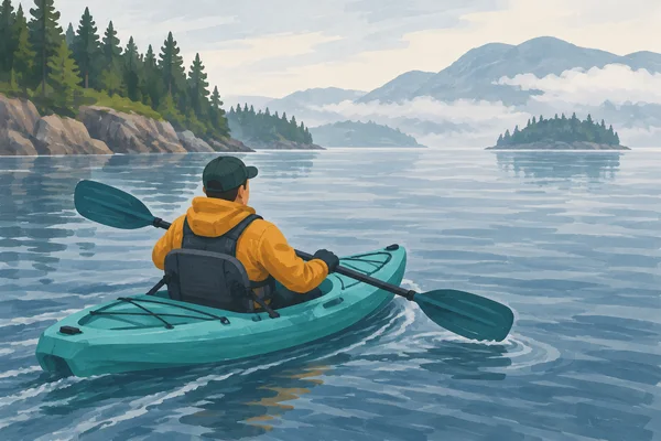 A person in an ochre jacket and dark life vest sits in a wide teal kayak on a slate-blue lake, with forested shores and misty mountains in the background.