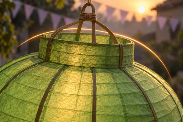 A close view of a translucent green paper lantern with a woven bamboo hanging loop and curved ribs, backlit by a low sun; a thin glowing amber arc curves…
