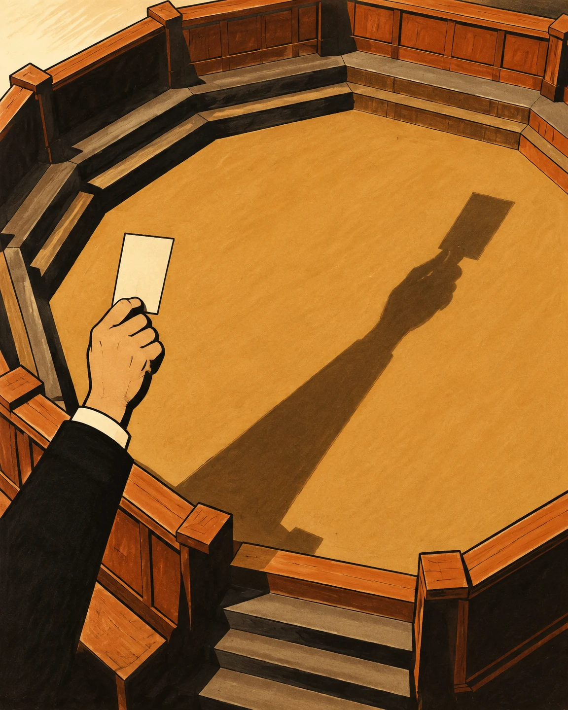 An oversized hand in a dark suit cuff holds a blank cream slip over the wooden rails of an empty octagonal trading pit.
