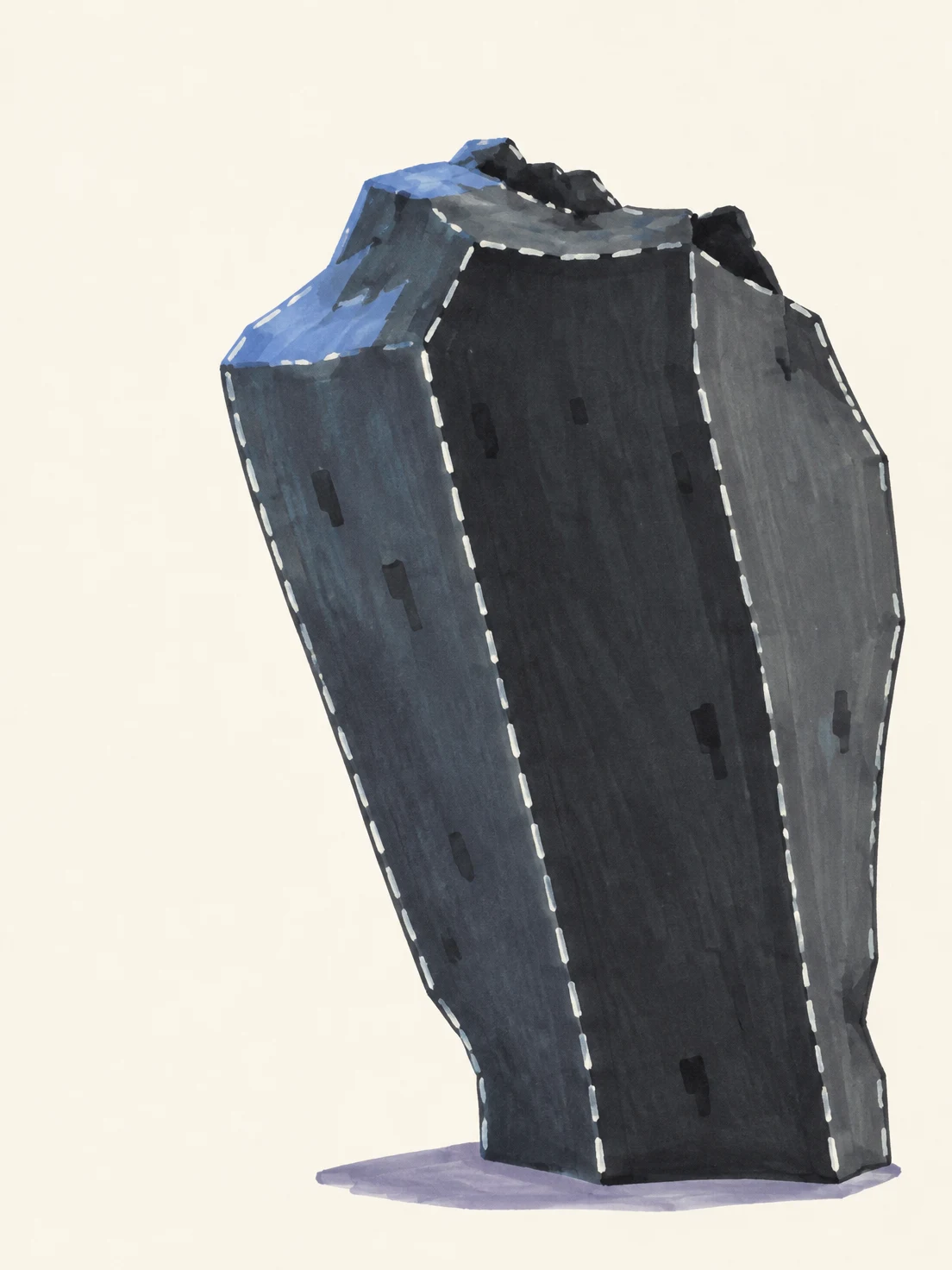 A large, angular dark volcanic-rock column leans slightly left against a warm ivory background.